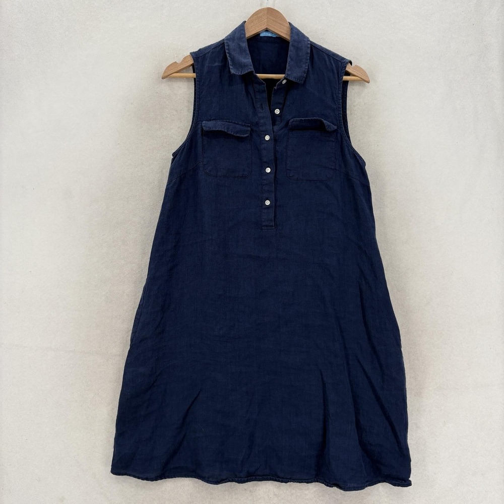 J. McLaughlin Dress Womens Small Blue Linen Sleeveless Shirt Pockets A-Line